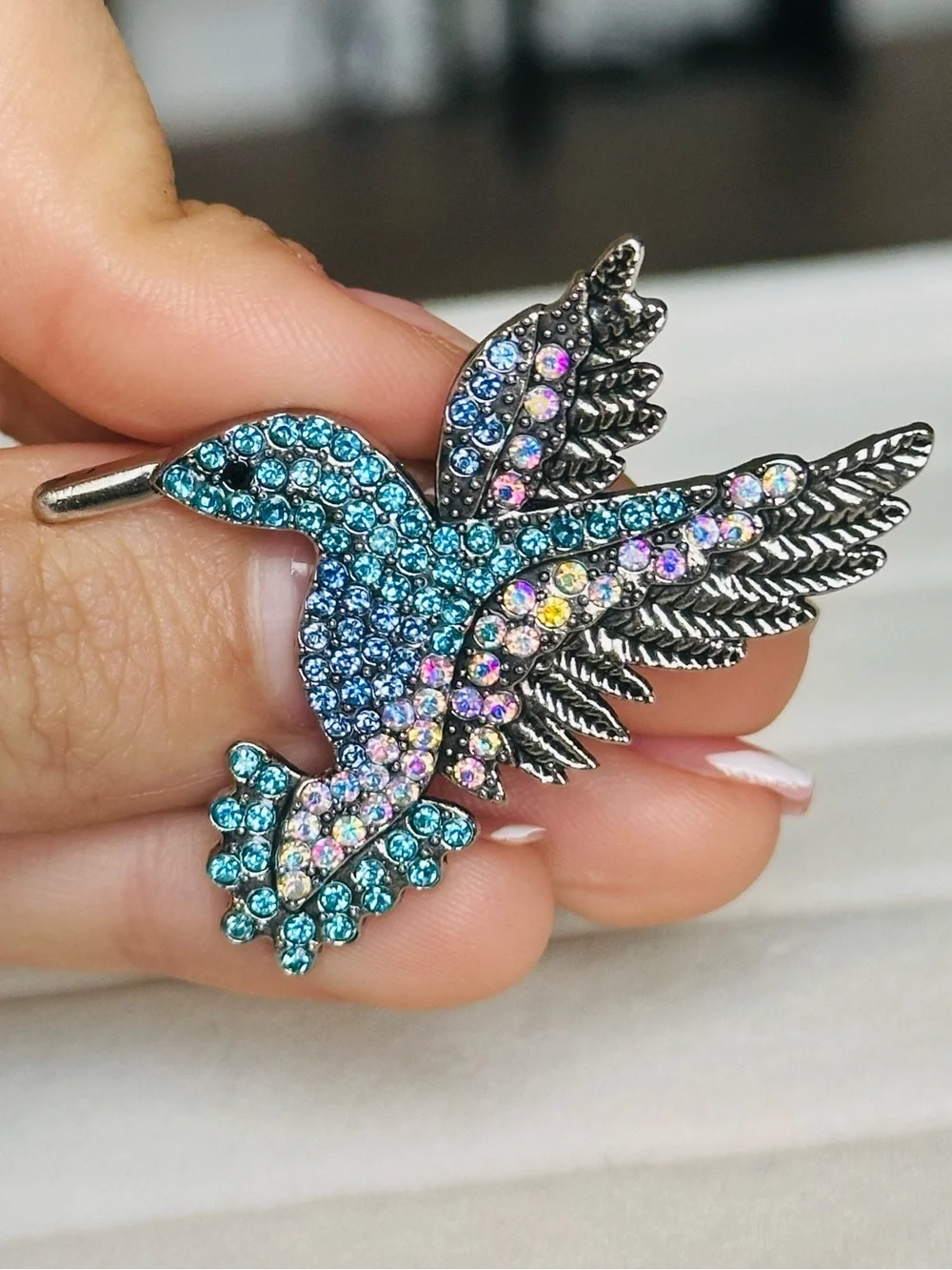 Blue Crystal Hummingbird Bird Brooch NEW